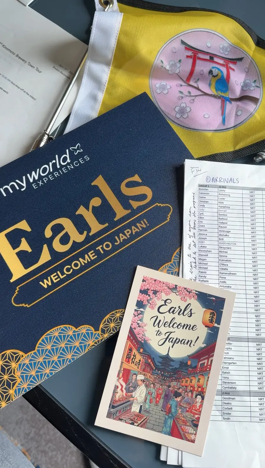 The welcome pack: an Earls Welcome to Japan folder with a map and a printed schedule